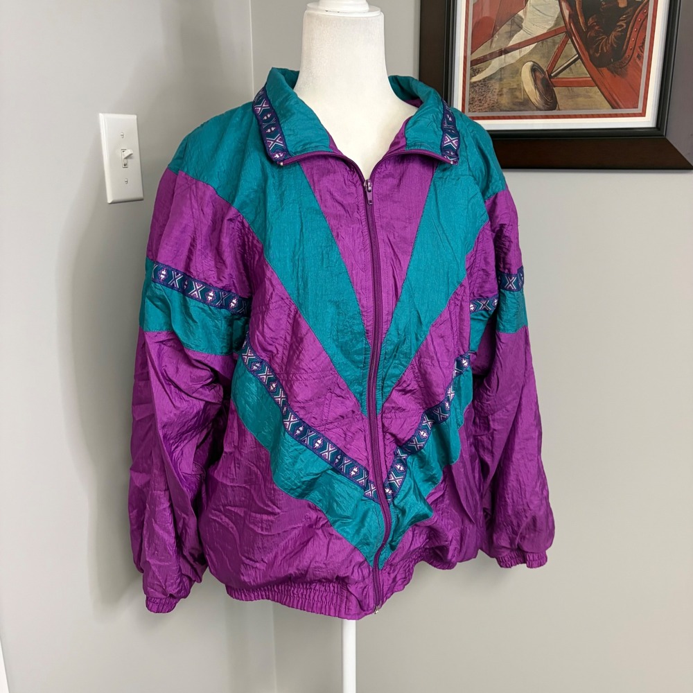 Vintage Bocoo Windbreaker Jacket Purple Teal Colorblock Chevron Retro 90s XL - Picture 2 of 5